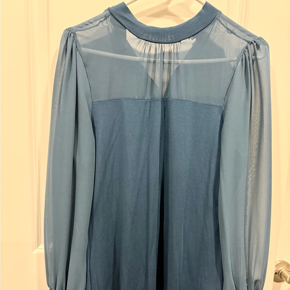 Light blue blouse with cuffed sleeves and sheer top